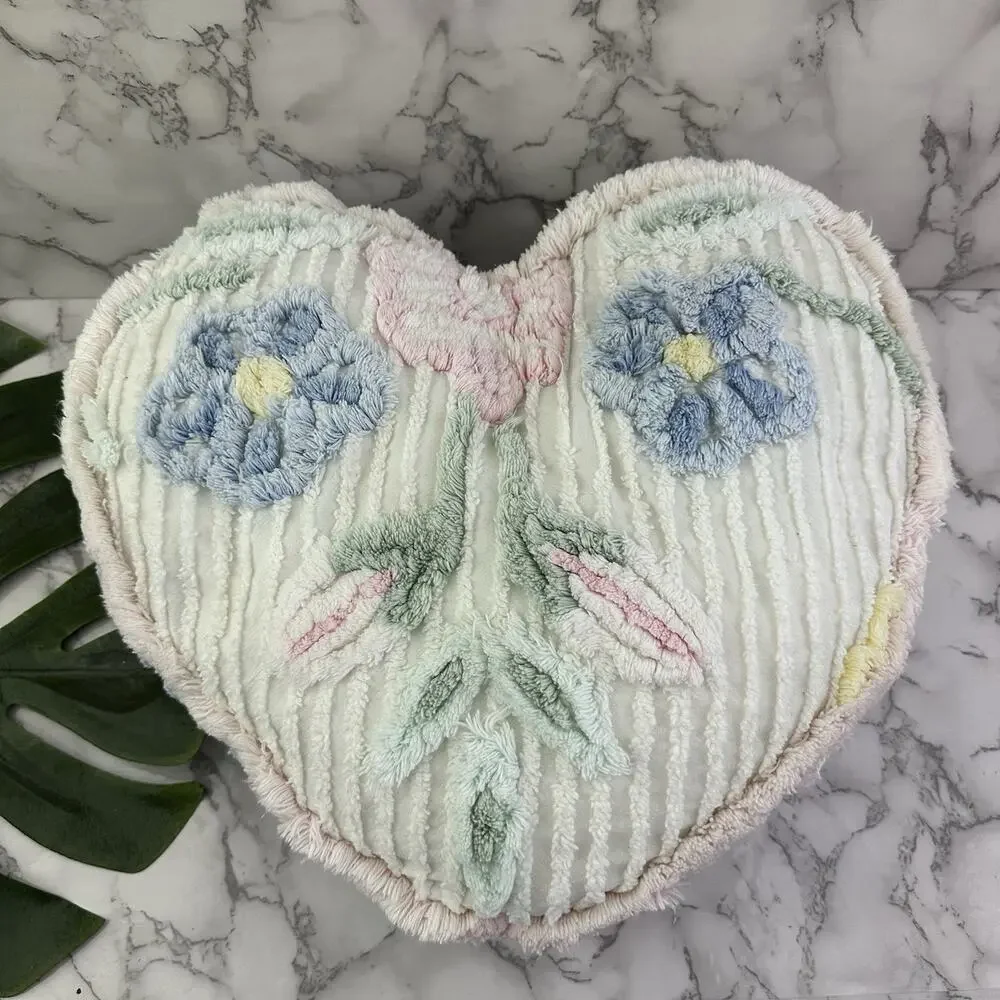 Blue Moon Vintage 90s Chenille Heart Shaped Throw Pillow White Pink Floral